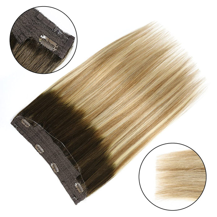 Promqueen Halo Hair Extensions Real Human Hair Walnut Brown to Ash Brown and Bleach Blonde 16" 2.8OZ Hairpieces for Women Invisible Wire Fish Line Hair Extensions Straight Human Filp Hair Extensions