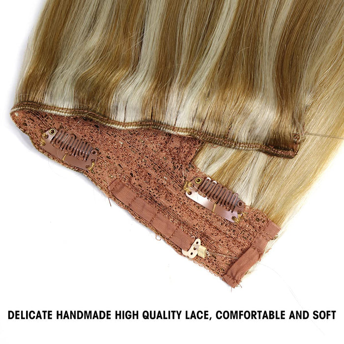 Promqueen Halo Hair Extensions Real Human Hair Ash Blonde to Golden  Hairpieces for Women Invisible Wire Fish Line Hair Extensions Straight Human Filp Hair Extensions