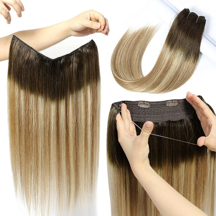 Promqueen Halo Hair Extensions Real Human Hair Walnut Brown to Ash Brown and Bleach Blonde 16" 2.8OZ Hairpieces for Women Invisible Wire Fish Line Hair Extensions Straight Human Filp Hair Extensions