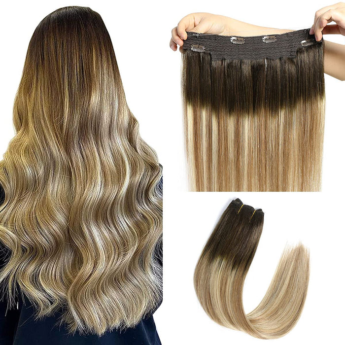 Promqueen Halo Hair Extensions Real Human Hair Walnut Brown to Ash Brown and Bleach Blonde 16" 2.8OZ Hairpieces for Women Invisible Wire Fish Line Hair Extensions Straight Human Filp Hair Extensions