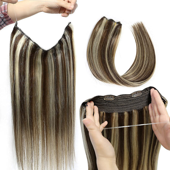 Promqueen Halo Hair Extensions Real Human Hair Chocolate Brown with Honey Blonde 18" 2.8OZ Hairpieces for Women Invisible Wire Fish Line Hair Extensions Straight Human Filp Hair Extensions