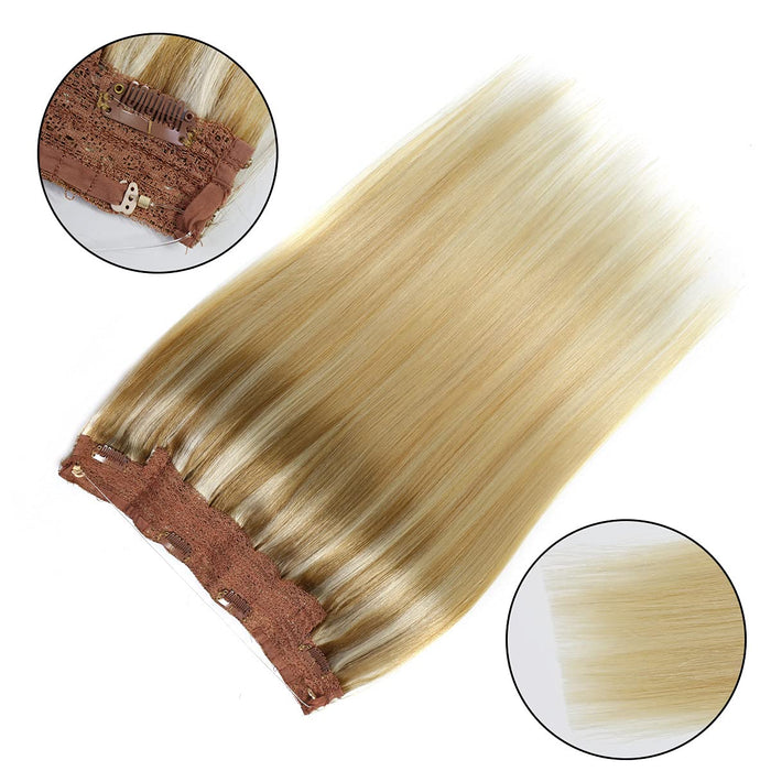 Promqueen Halo Hair Extensions Real Human Hair Ash Blonde to Golden  Hairpieces for Women Invisible Wire Fish Line Hair Extensions Straight Human Filp Hair Extensions