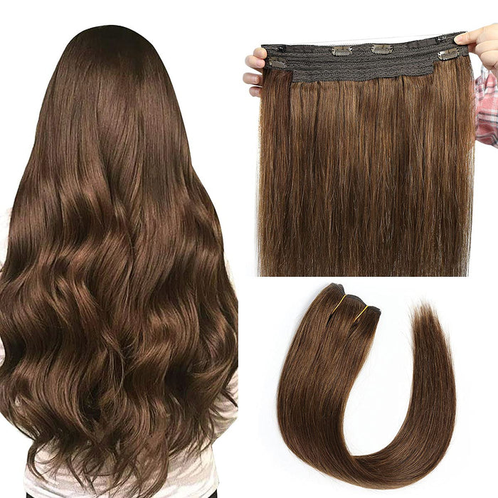 Promqueen Halo Hair Extensions Real Human Hair Chocolate Brown 20" 3.5OZ Hairpieces for Women Invisible Wire Fish Line Hair Extensions Straight Human Filp Hair Extensions