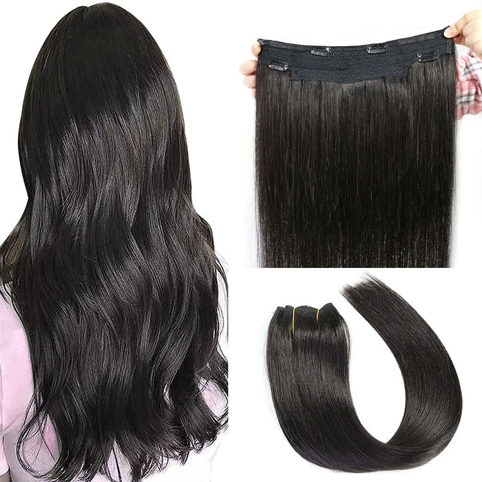 Promqueen Halo Hair Extensions Real Human Hair Natural Black 20" 3.5OZ Hairpieces for Women Invisible Wire Fish Line Hair Extensions Straight Human Filp Hair Extensions