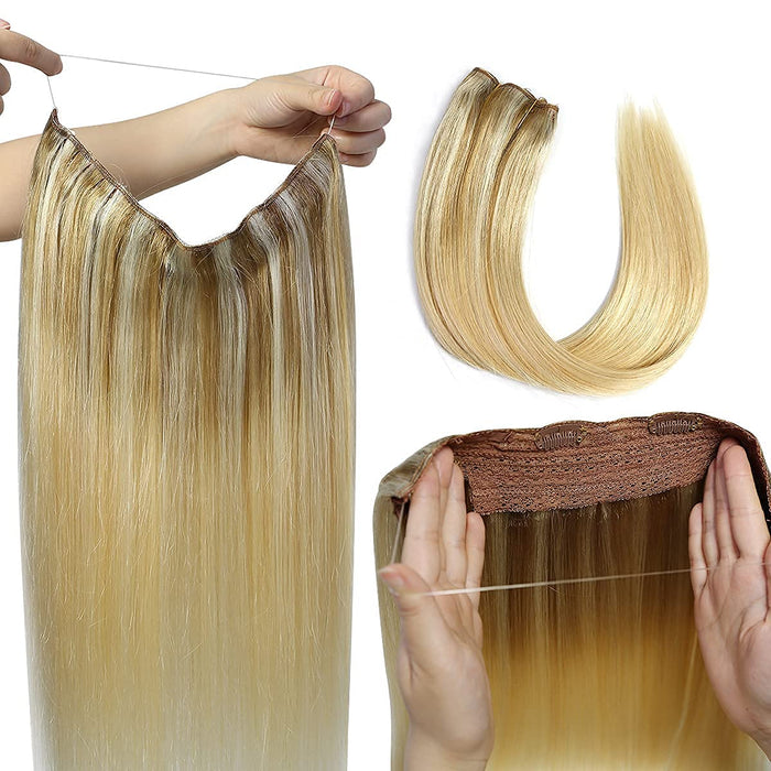 Promqueen Halo Hair Extensions Real Human Hair Ash Blonde to Golden  Hairpieces for Women Invisible Wire Fish Line Hair Extensions Straight Human Filp Hair Extensions