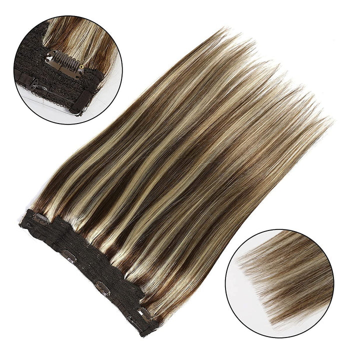 Promqueen Halo Hair Extensions Real Human Hair Chocolate Brown with Honey Blonde 18" 2.8OZ Hairpieces for Women Invisible Wire Fish Line Hair Extensions Straight Human Filp Hair Extensions