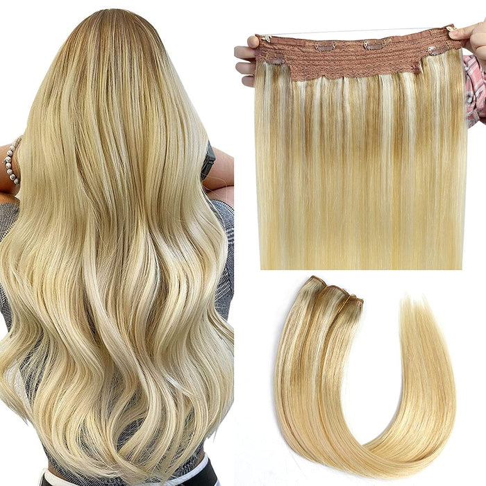 Promqueen Halo Hair Extensions Real Human Hair Ash Blonde to Golden  Hairpieces for Women Invisible Wire Fish Line Hair Extensions Straight Human Filp Hair Extensions