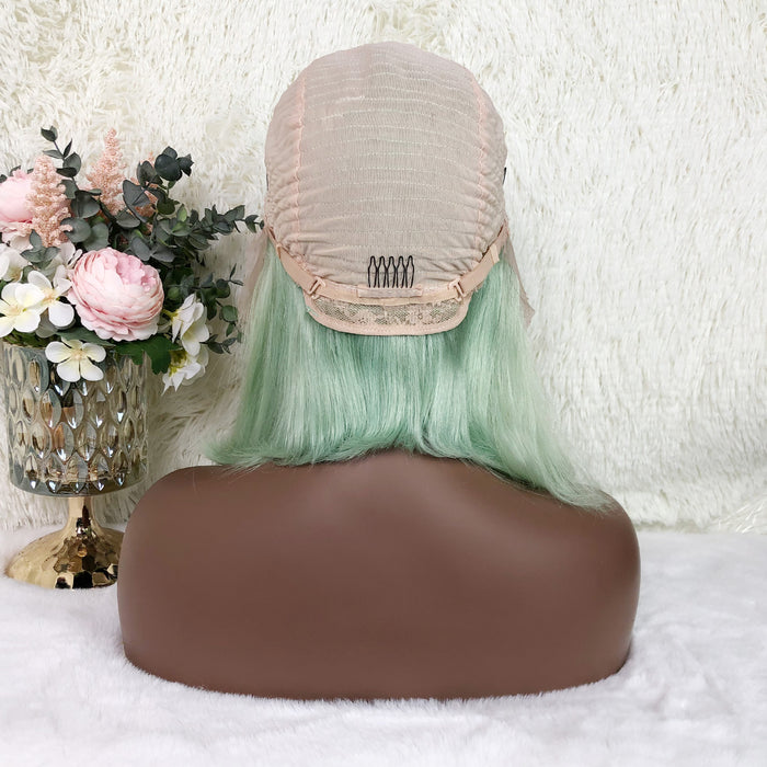 13x4 Colored Short Bob Wigs Lace Frontal Human Hair Wigs For Women New Trend 12 14 Inches (Mint green)