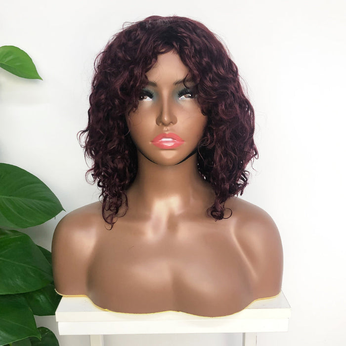 Short Curly Fringe Wig With Bangs Frames The Face Glueless Human Hair Wigs 99J Burgundy