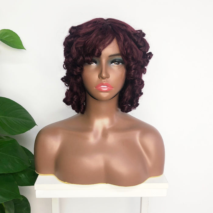 Short Fringe Wig With Bangs 99J Burgundy Color Loose Wave Human Hair Wigs