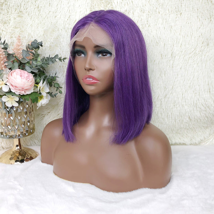 13x4 Colored Short Bob Wigs Lace Frontal Human Hair Wigs For Women New Trend 12 14 Inches (Lilac)