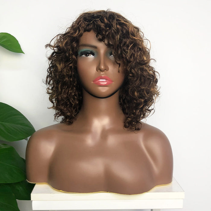 Short Curly Fringe Wig With Bangs Frames The Face Glueless Human Hair Wigs 1B Natural Color