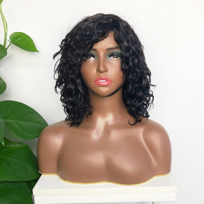 Short Curly Fringe Wig With Bangs Frames The Face Glueless Human Hair Wigs 1B Natural Color