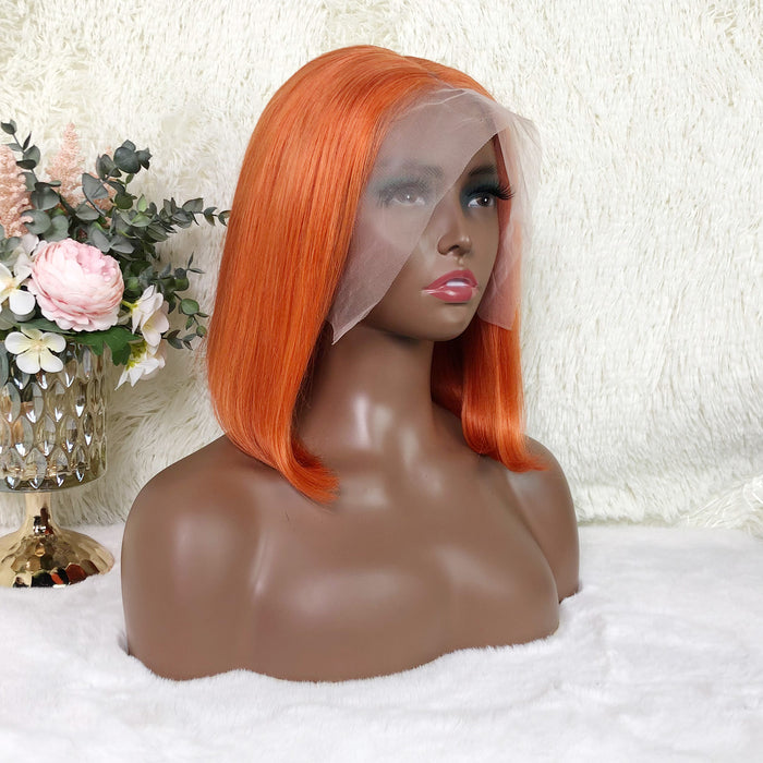 13x4 Colored Short Bob Wigs Lace Frontal Human Hair Wigs For Women New Trend 12 14 Inches (Orange)