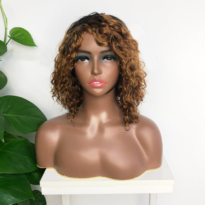 Short Curly Fringe Wig With Bangs Frames The Face Glueless Human Hair Wigs 27# Brown