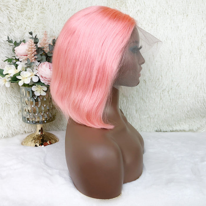 13x4 Colored Short Bob Wigs Lace Frontal Human Hair Wigs For Women New Trend 12 14 Inches (Pink)