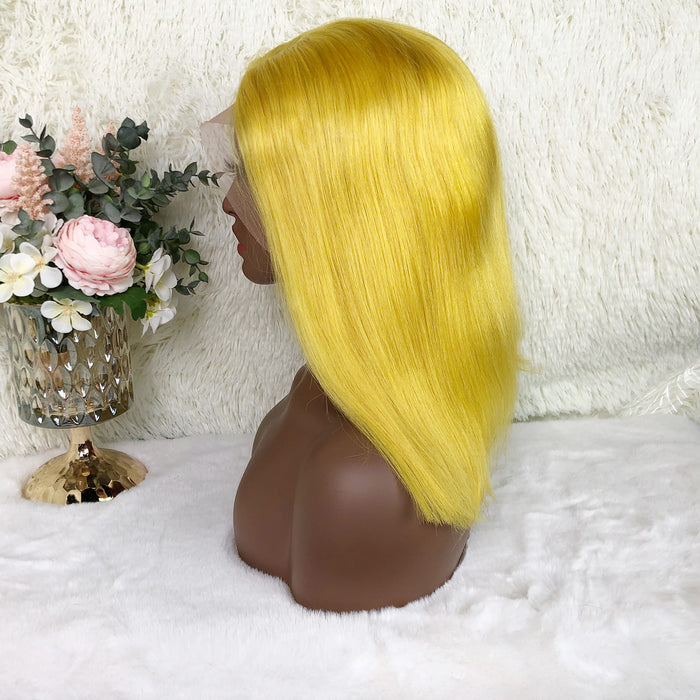 13x4 Colored Short Bob Wigs Lace Frontal Human Hair Wigs For Women New Trend 12 14 Inches (Yellow)