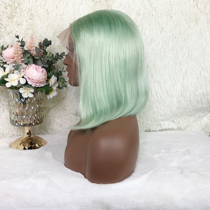 13x4 Colored Short Bob Wigs Lace Frontal Human Hair Wigs For Women New Trend 12 14 Inches (Mint green)