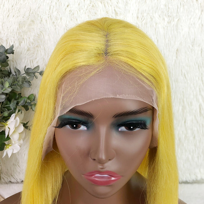 13x4 Colored Short Bob Wigs Lace Frontal Human Hair Wigs For Women New Trend 12 14 Inches (Yellow)