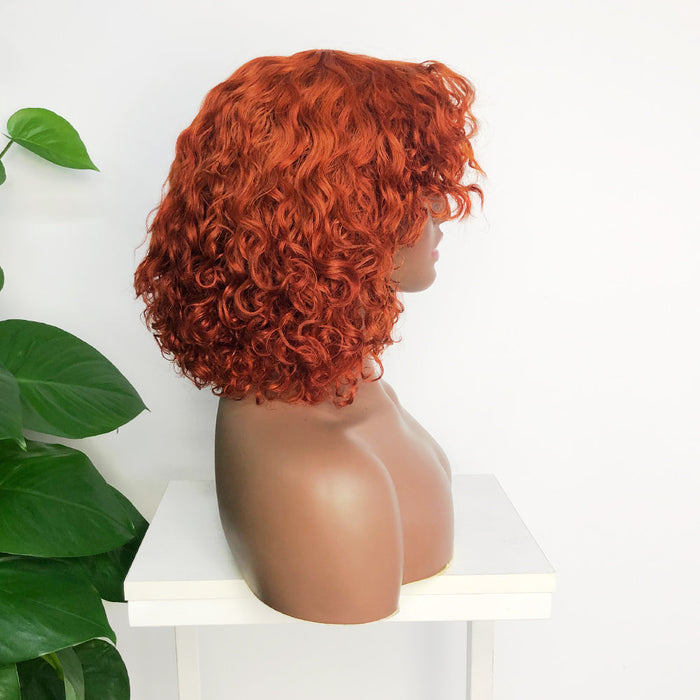 Short Curly Fringe Wig With Bangs Frames The Face Glueless Human Hair Wigs 350 Ginger Color