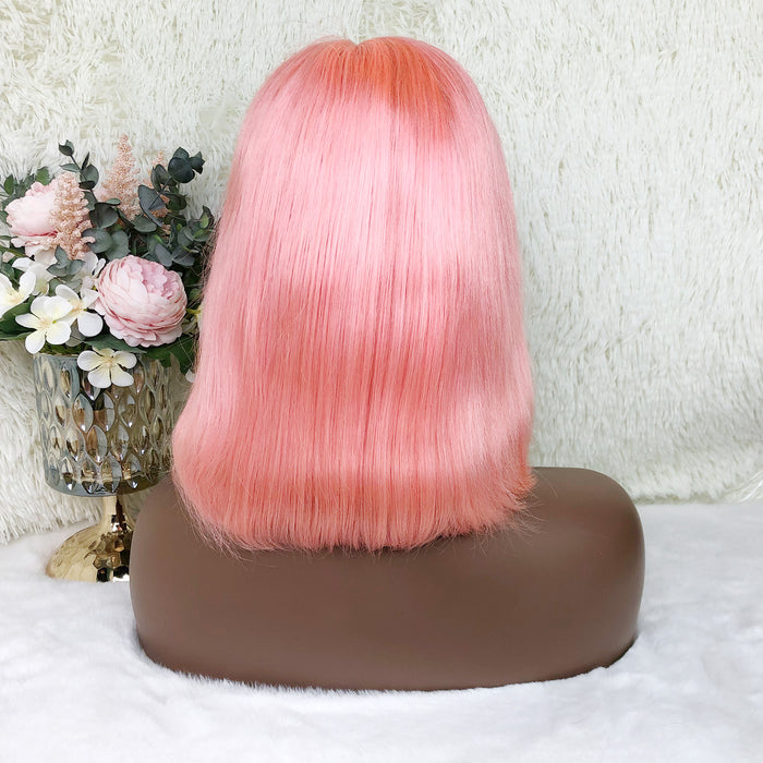 13x4 Colored Short Bob Wigs Lace Frontal Human Hair Wigs For Women New Trend 12 14 Inches (Pink)