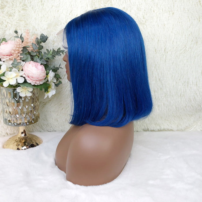 13x4 Colored Short Bob Wigs Lace Frontal Human Hair Wigs For Women New Trend 12 14 Inches (Blue)