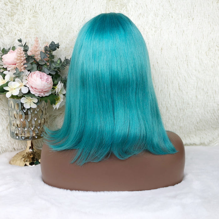 13x4 Colored Short Bob Wigs Lace Frontal Human Hair Wigs For Women New Trend 12 14 Inches (LAKE BLUE)