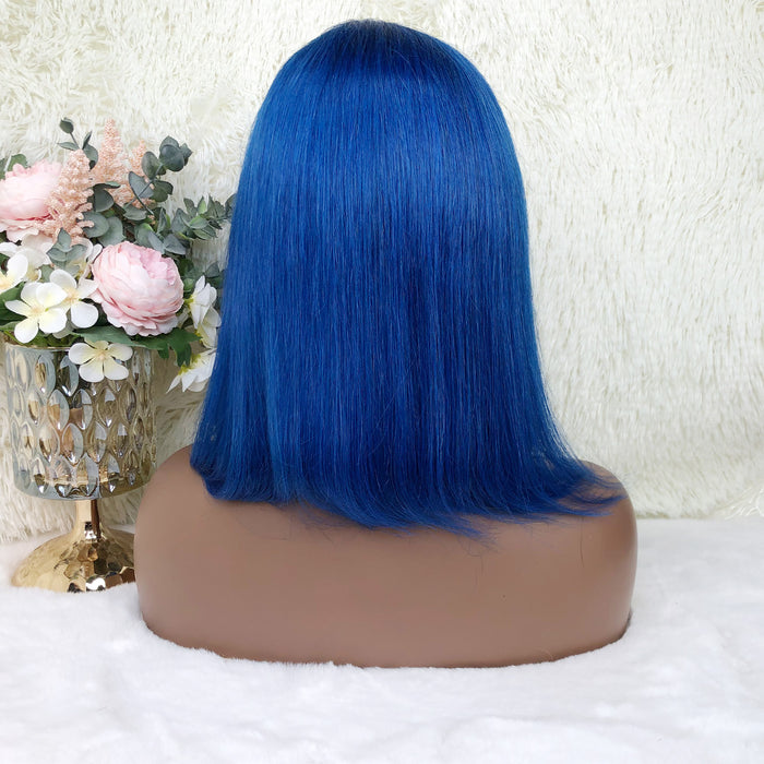 13x4 Colored Short Bob Wigs Lace Frontal Human Hair Wigs For Women New Trend 12 14 Inches (Blue)