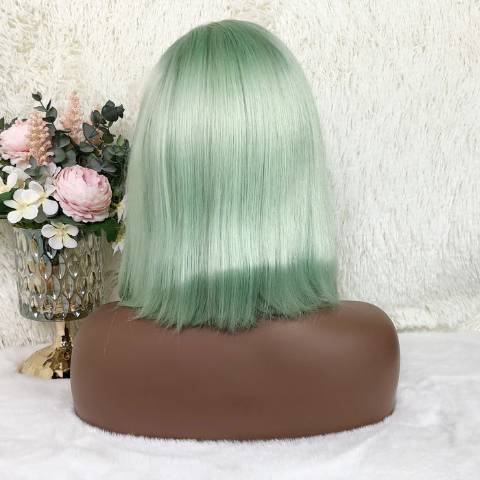 13x4 Colored Short Bob Wigs Lace Frontal Human Hair Wigs For Women New Trend 12 14 Inches (Mint green)