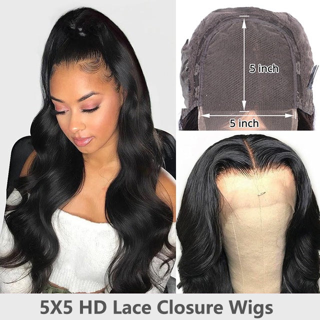 HD Swiss Lace Closure Wigs 5x5 250% Density Human hair With Baby Hair Slightly Pre Plucked Natural Color