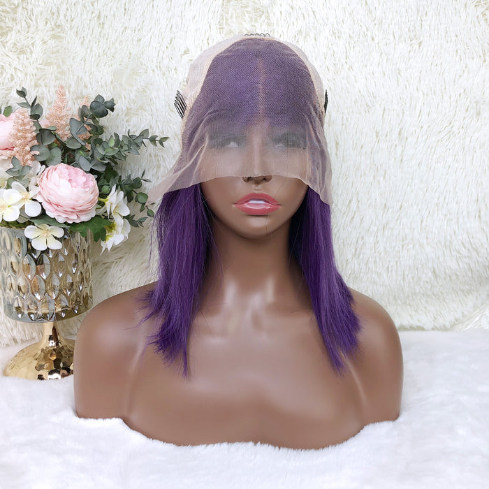 13x4 Colored Short Bob Wigs Lace Frontal Human Hair Wigs For Women New Trend 12 14 Inches (Purple)