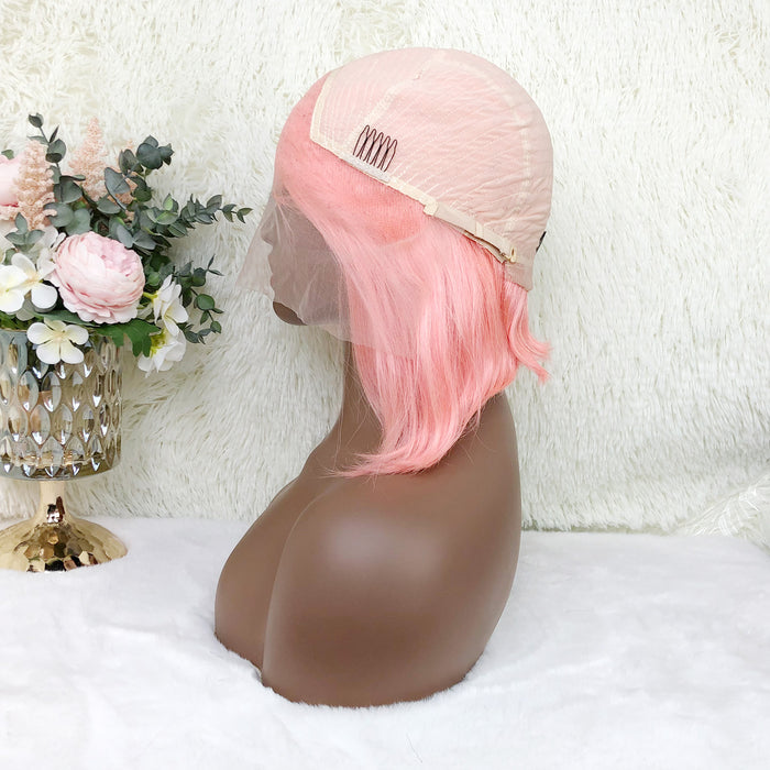 13x4 Colored Short Bob Wigs Lace Frontal Human Hair Wigs For Women New Trend 12 14 Inches (Pink)