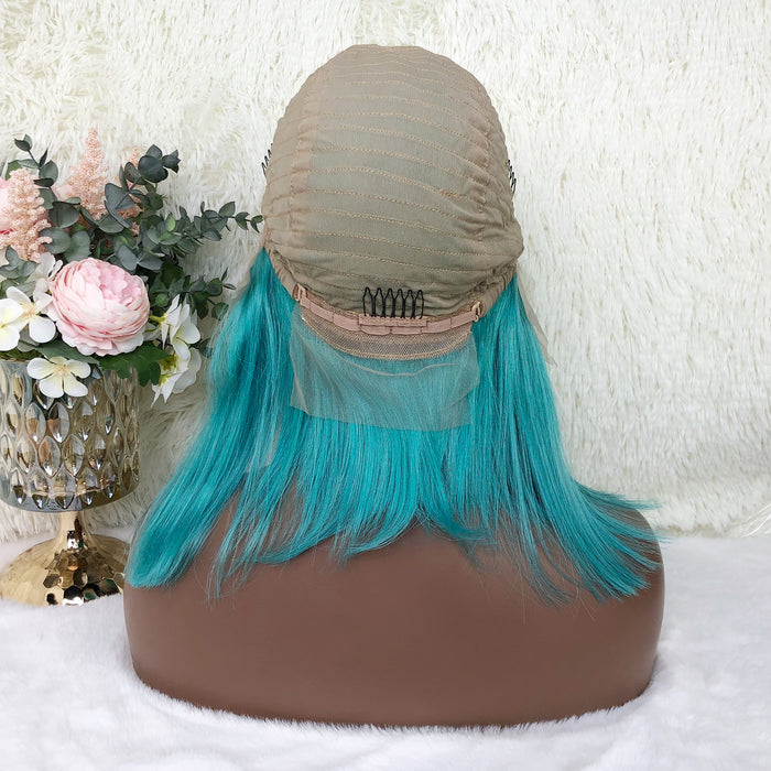 13x4 Colored Short Bob Wigs Lace Frontal Human Hair Wigs For Women New Trend 12 14 Inches (LAKE BLUE)