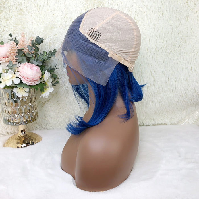 13x4 Colored Short Bob Wigs Lace Frontal Human Hair Wigs For Women New Trend 12 14 Inches (Blue)