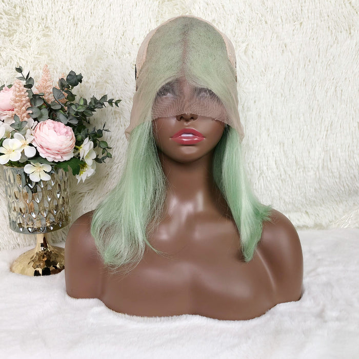 13x4 Colored Short Bob Wigs Lace Frontal Human Hair Wigs For Women New Trend 12 14 Inches (Mint green)