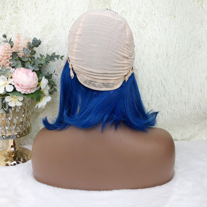 13x4 Colored Short Bob Wigs Lace Frontal Human Hair Wigs For Women New Trend 12 14 Inches (Blue)