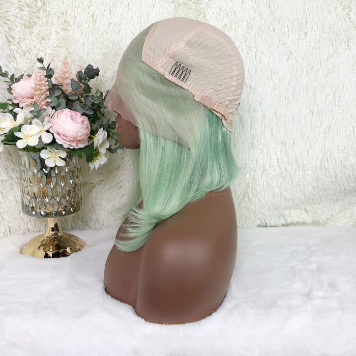 13x4 Colored Short Bob Wigs Lace Frontal Human Hair Wigs For Women New Trend 12 14 Inches (Mint green)