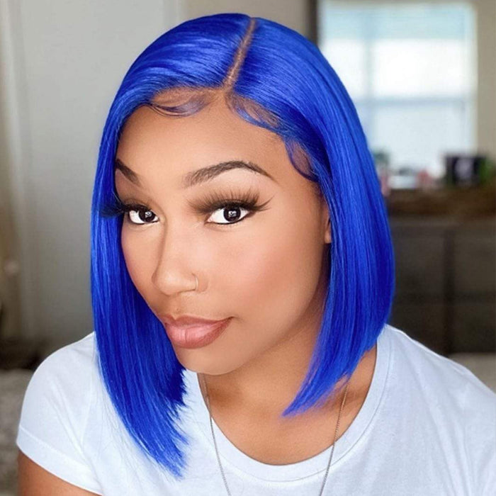 13x4 Colored Short Bob Wigs Lace Frontal Human Hair Wigs For Women New Trend 12 14 Inches (Blue)