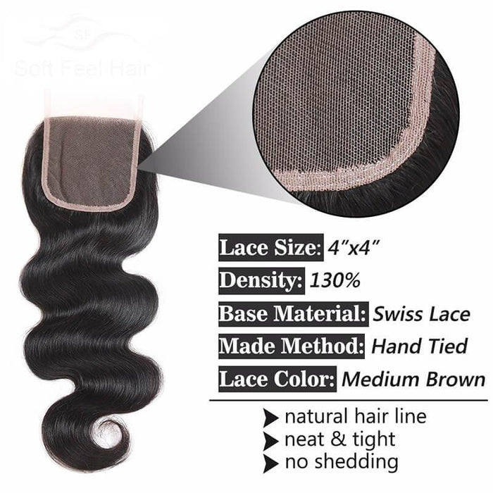 Brazilian Body Wave Lace Closure 4x4 Free Part Swiss Lace Closure Natural Black Brazilian Virgin Human Hair Closure