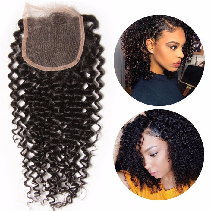 Prom Queen Brazilian Kinky Curly Closure Human Hair Curly Weave Virgin Free Part Lace Closure Natural Color