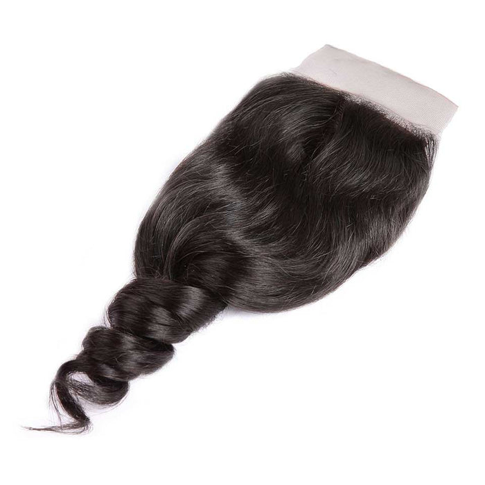 Prom Queen Silk Base Closure Brazilian Loose Wave Human Remy Hair Closure 4x4 Siwss Lace With Baby Hair Middle/Free Part