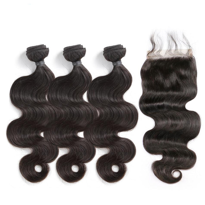 Promqueen Body Wave Raw Indian Hair Bundles With frontal 3 Bundles with Closure Human Hair Weave Bundles Natural Color Remy