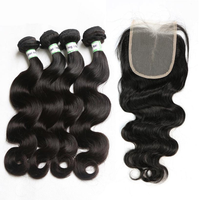 Promqueen Brazilian Virgin Hiar Bundles With 4x4 Lace Frontal Closure Body Wave Hair Pre Plucked Hairline