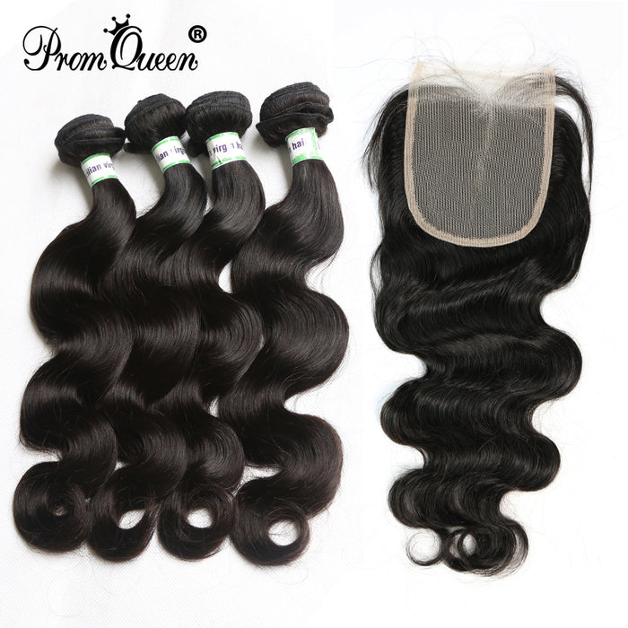 Promqueen Brazilian Virgin Hiar Bundles With 4x4 Lace Frontal Closure Body Wave Hair Pre Plucked Hairline