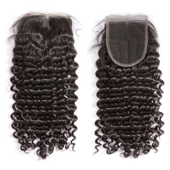 Promqueen Deep Wave Bundles With Closure Peruvian Human Hair 3 Bundles With Lace Closure Free/Middle Part Deep Curly Hair