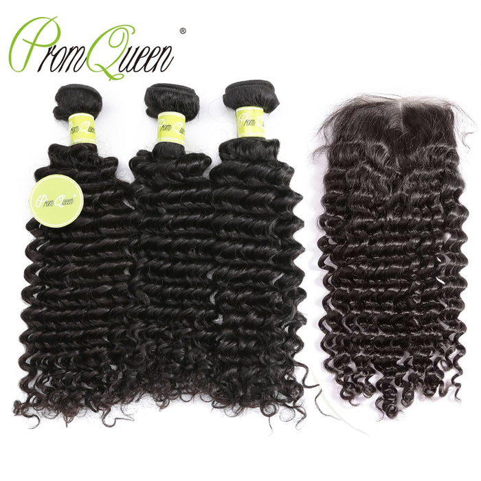 Promqueen Deep Wave Bundles With Closure Peruvian Human Hair 3 Bundles With Lace Closure Free/Middle Part Deep Curly Hair