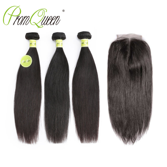 Promqueen Straight Hair Bundles With Closure Remy Human Hair 3 Bundles With Closure Peruvian Hair Bundles With Closure