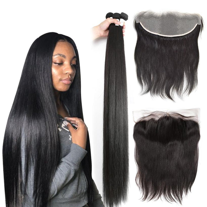 Brazilian Hair Straight Human hair Bundles With Frontal Closure 13X4 Transparent Lace Frontal