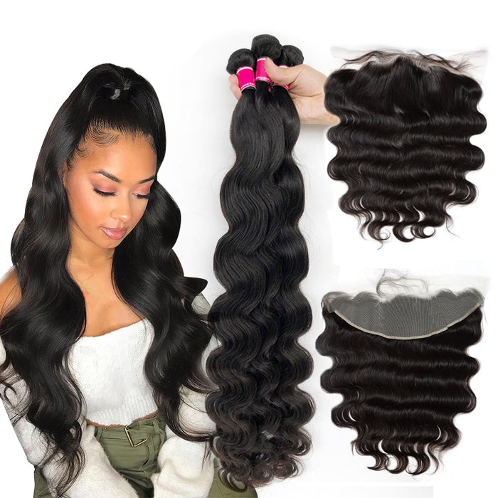 Promqueen Brazilian Virgin Hiar Bundles With 13x4 Lace Frontal closure Body Wave Hair Pre Plucked Hairline