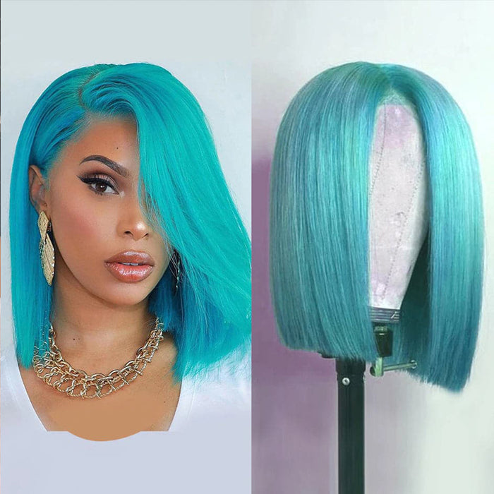 13x4 Colored Short Bob Wigs Lace Frontal Human Hair Wigs For Women New Trend 12 14 Inches (LAKE BLUE)